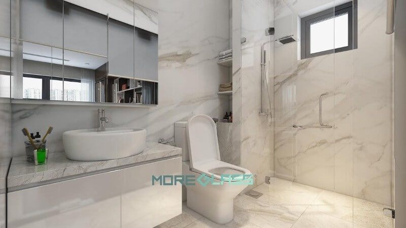Thiết kế mẫu gương soi làm cánh tủ làm tăng thêm vẻ hiện đại, cao cấp và tiện nghi cho phòng tắm chung cư, biệt thự, nhà phố,
